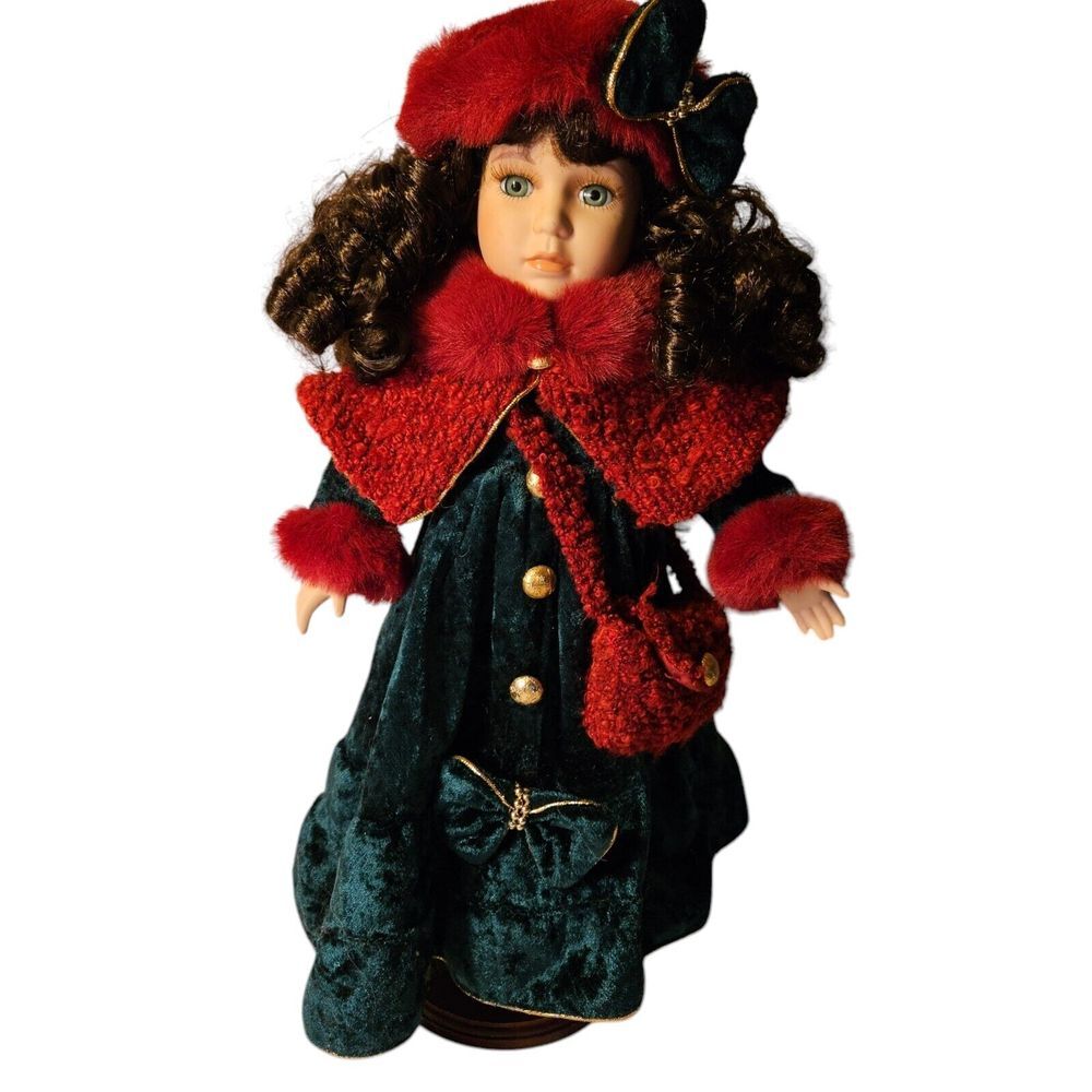Collectible Christmas Porcelain Doll Green Velvet Dress Red Cape Hat with Purse